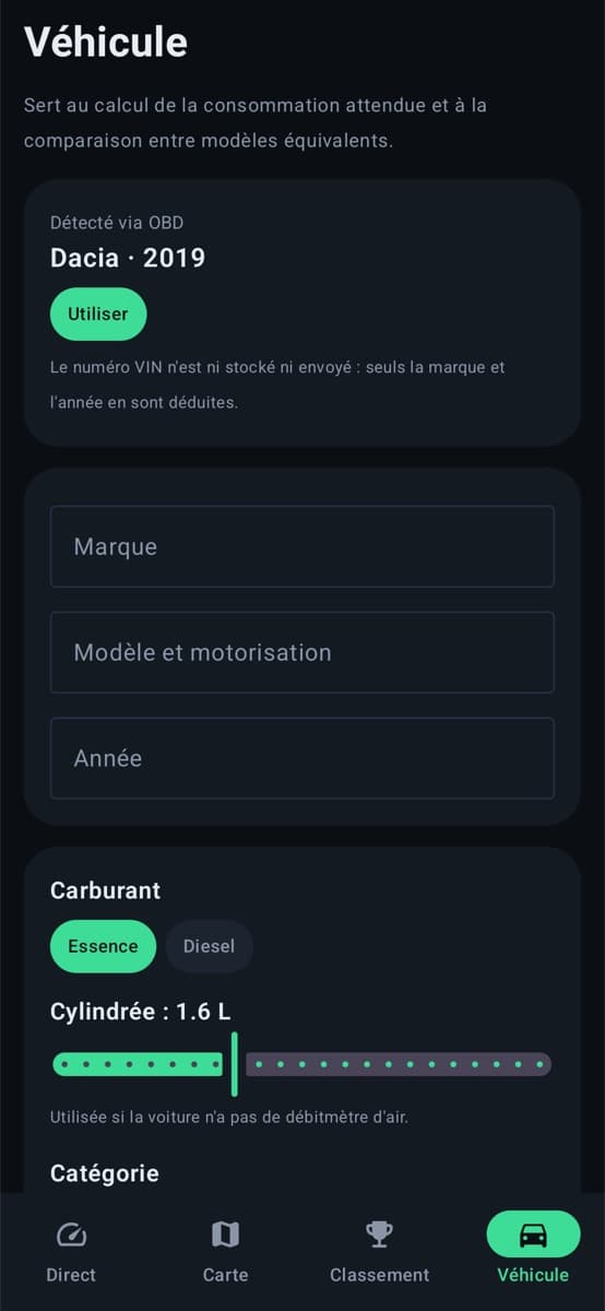 Vehicle profile with make and year read from the VIN